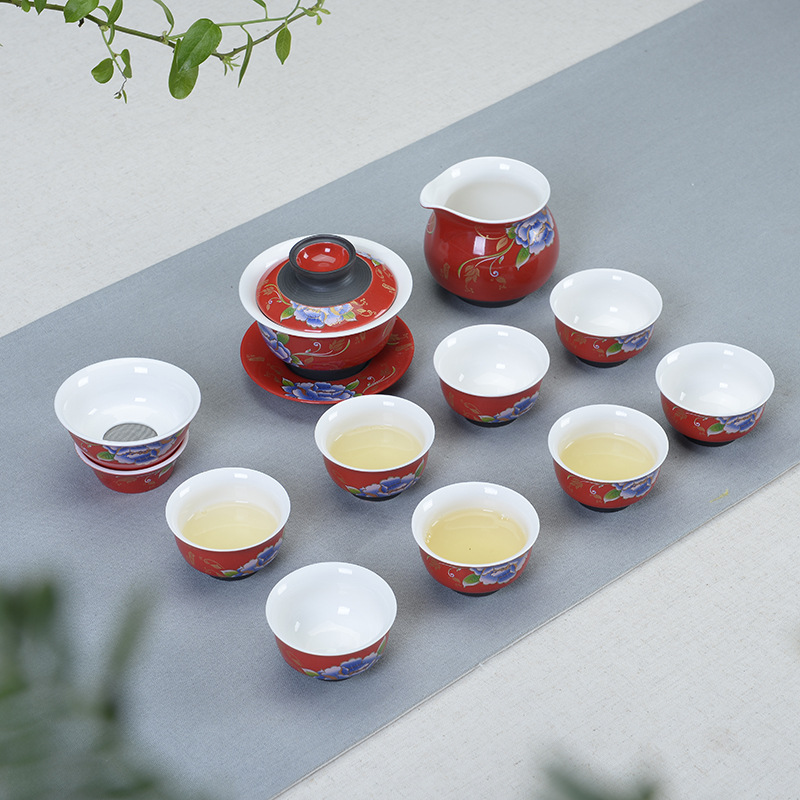 螺紋牡丹茶具套裝 紅色喜慶茶具 特色功夫茶具整套廠傢直銷批發・進口・工廠・代買・代購