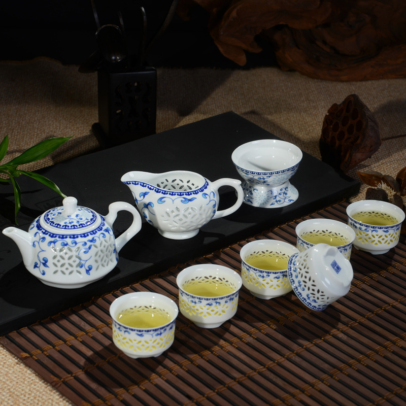 德化縣廠傢直銷整套青花陶瓷器茶壺蓋碗茶杯玲瓏鏤空功夫茶具套裝工廠,批發,進口,代購