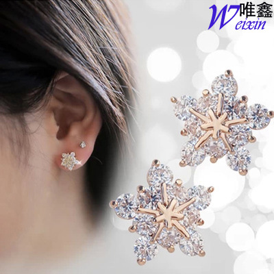 唯鑫S925原創純銀水晶雪花鋯石耳釘韓國東大門飾品花朵防過敏耳環工廠,批發,進口,代購