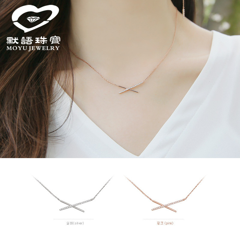 925純銀項鏈 交叉鑲鉆鎖骨連 韓版飾品工廠直銷批發 爆款銀飾定製批發・進口・工廠・代買・代購