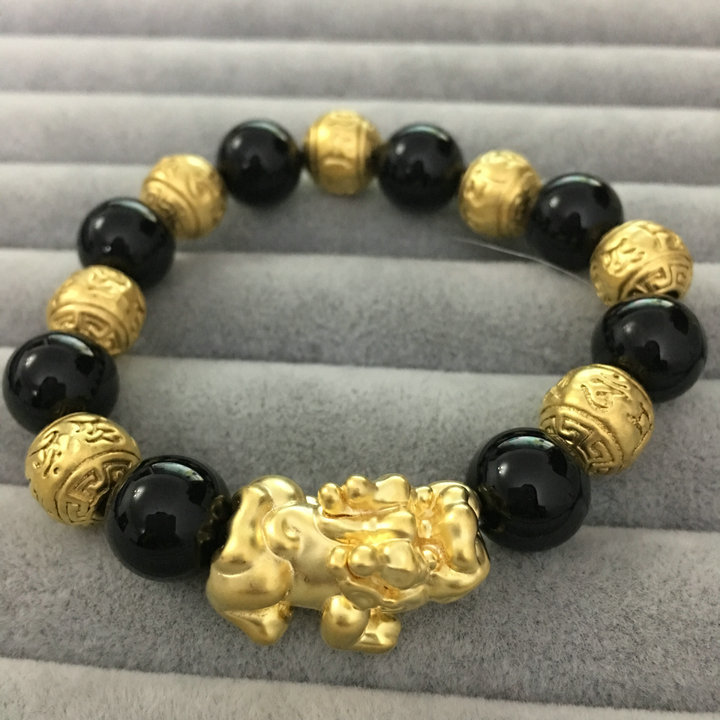 越南沙金古文六字真言貔貅手串 男士黑曜石手鏈 高仿黃金電鍍飾品工廠,批發,進口,代購