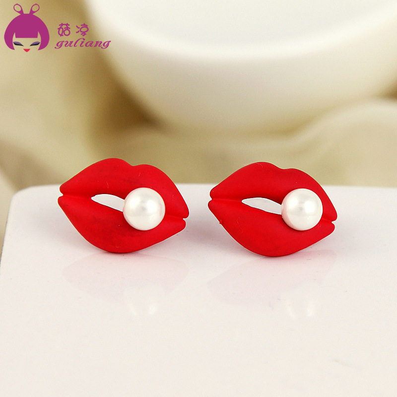 【菇涼】韓國性感紅唇珍珠耳釘 熱烈紅唇耳飾女款 義烏首飾批發工廠,批發,進口,代購