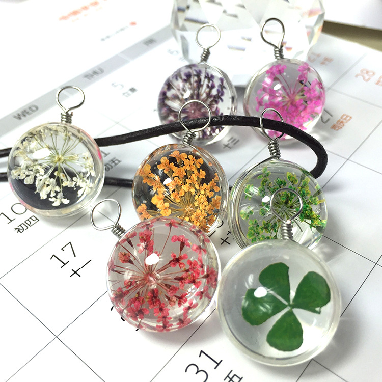 原創玻璃球吊墜 桃花四葉草蒲公英項鏈森女原宿系乾花手工DIY項飾工廠,批發,進口,代購