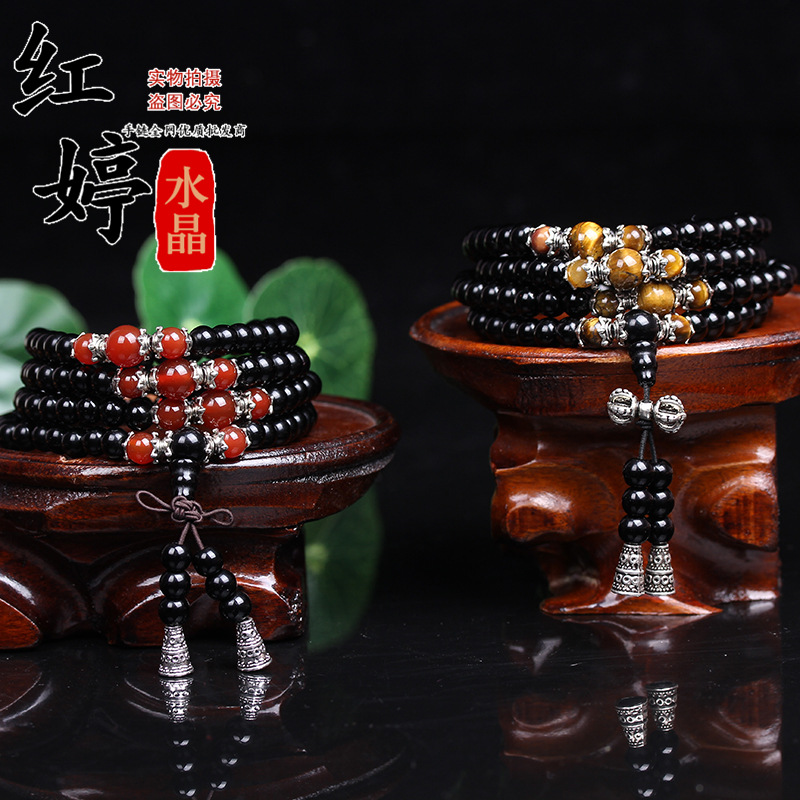 天然水晶 黑瑪瑙配虎眼石108顆水晶手鏈 多層多圈黑曜石手串批發工廠,批發,進口,代購