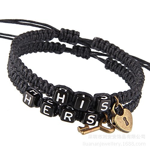 速賣通爆款 黑底白字手工編織HIS HERS古銅鎖配鑰匙情侶復古手鏈批發・進口・工廠・代買・代購