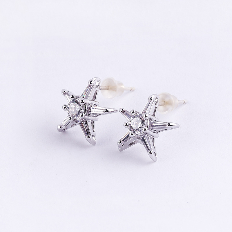 韓版時尚 純銀S925銀針鍍真金微鑲鋯石耳釘 女士五角星防過敏耳環工廠,批發,進口,代購