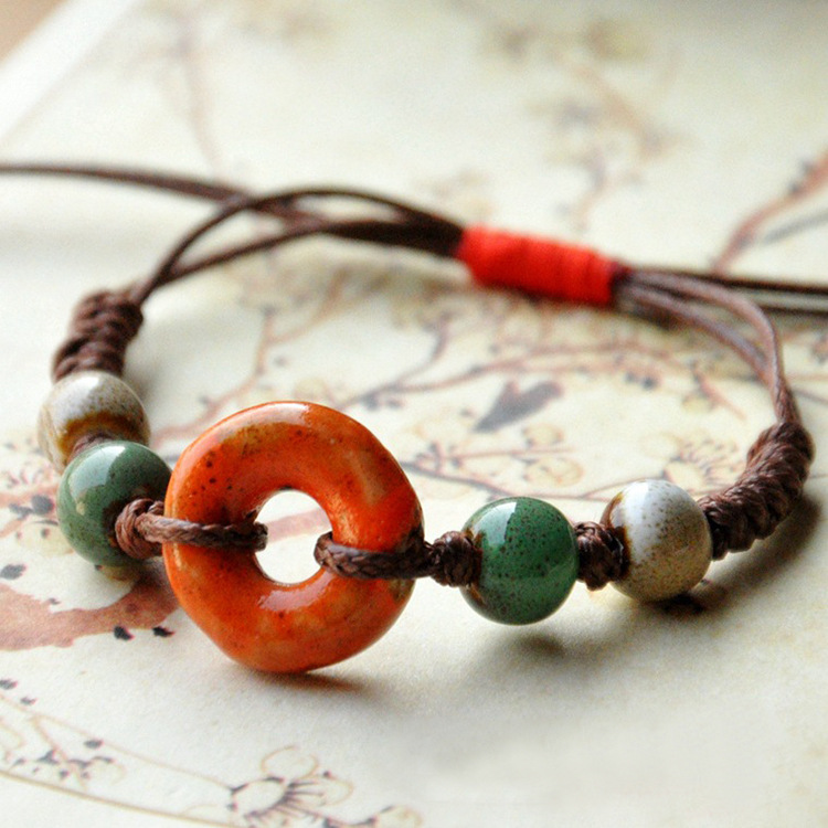民族風原創陶瓷飾品 花釉珠子手鏈 女款純手工編織可調節首飾批發工廠,批發,進口,代購