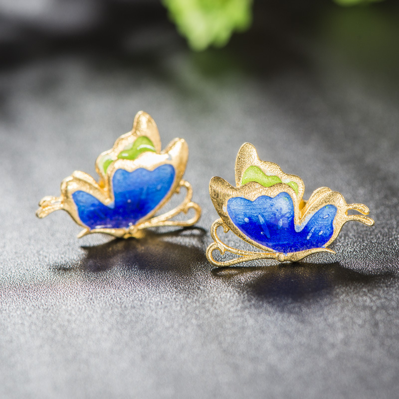 泰可泰 景泰藍老北京耳釘耳環 蝴蝶獨傢設計 烤藍工藝銀飾品批發工廠,批發,進口,代購