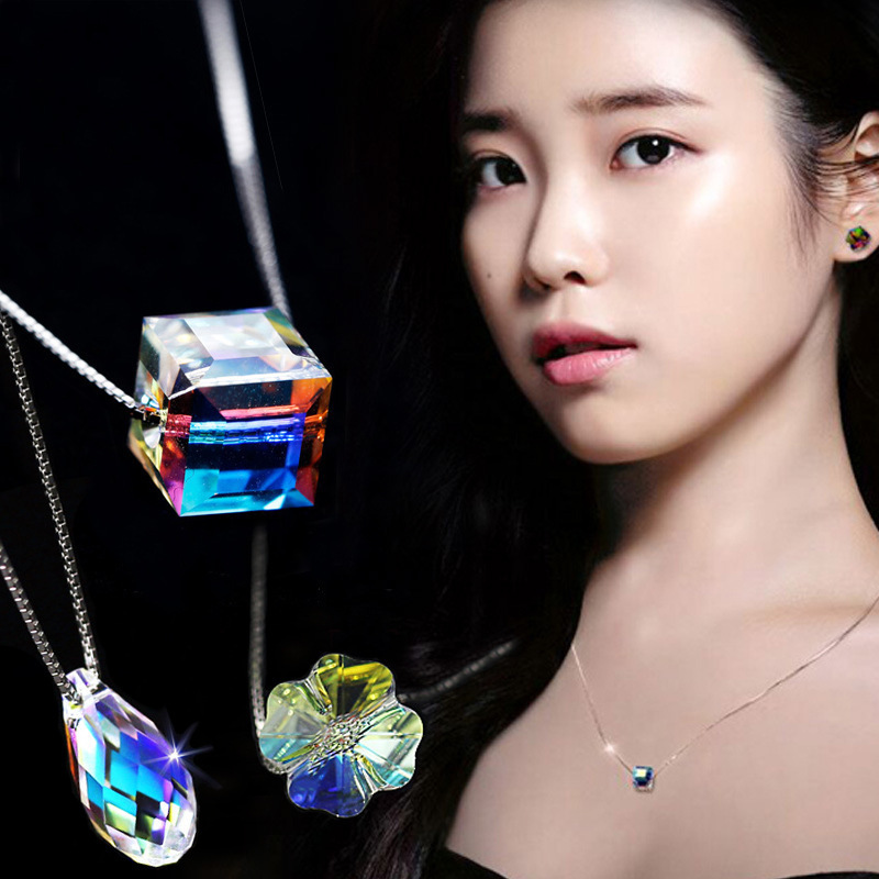 魔方水晶項鏈 炫彩水晶短款項鏈女 韓國s925銀套鏈條鎖骨鏈銀飾品工廠,批發,進口,代購