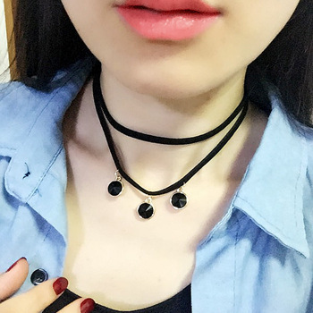 雙層絨皮黑寶石項圈女原宿短款鎖骨鏈毛衣項鏈頸帶春夏女工廠,批發,進口,代購