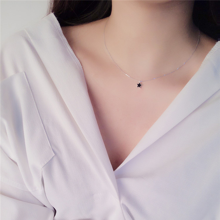 s925純銀韓國百搭時尚    五角星黑防過敏項鏈鎖骨鏈包郵女銀飾工廠,批發,進口,代購