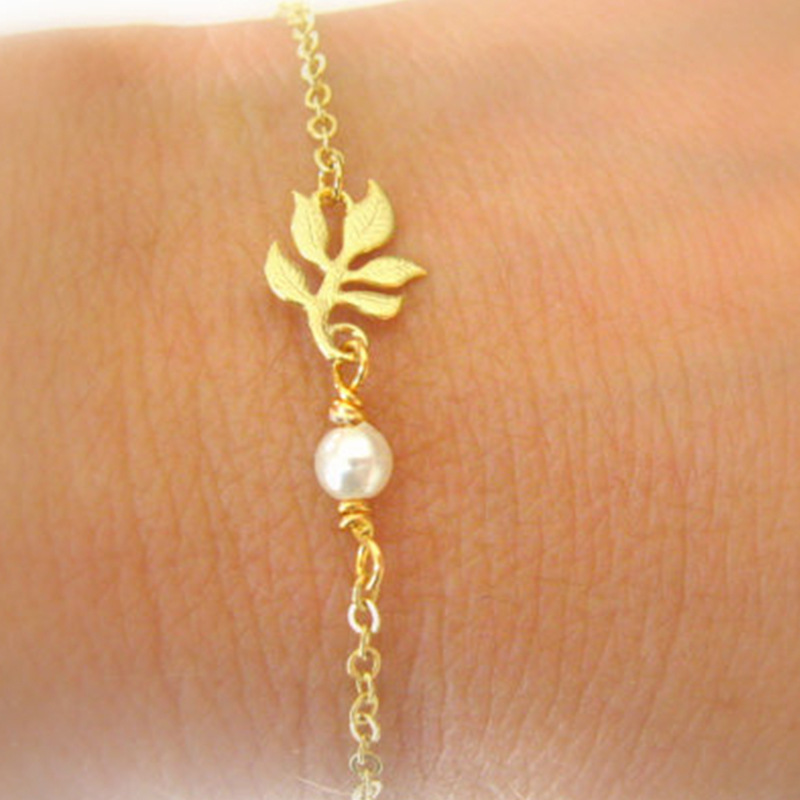 精致微小的珍珠手鏈 鍍金森系樹葉手鏈 女式母親節禮物飾品 SH046批發・進口・工廠・代買・代購