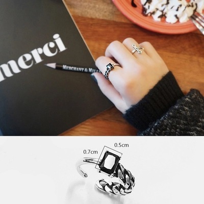 韓國s925泰銀戒指 潮流復古不對稱創意銀飾黑瑪瑙開口戒指指環批發・進口・工廠・代買・代購