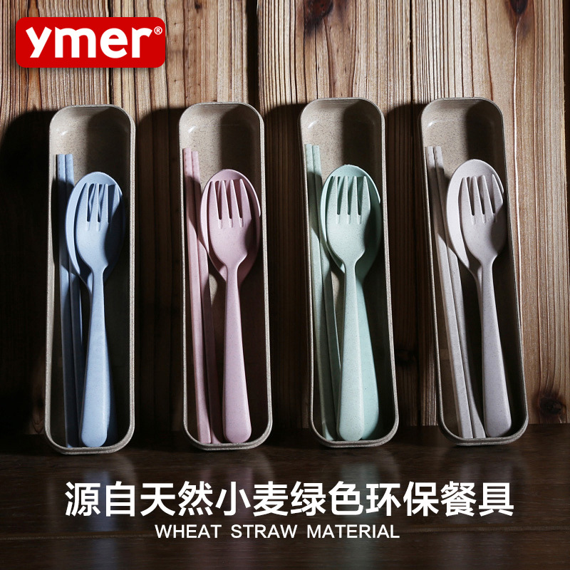 韓國小麥筷子勺子叉子便攜餐具 旅行攜帶學生便攜餐具盒三件套裝批發・進口・工廠・代買・代購