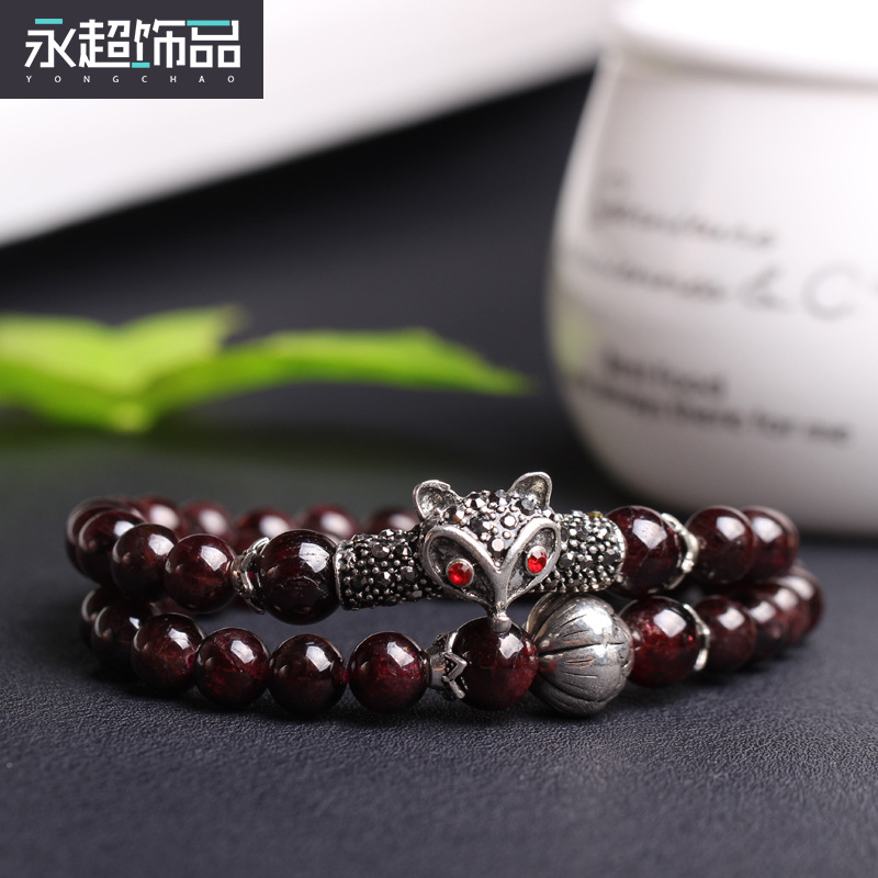永超 石榴石8mm兩圈狐貍頭鑲鉆 天然水晶石榴石多圈手串天然飾品工廠,批發,進口,代購