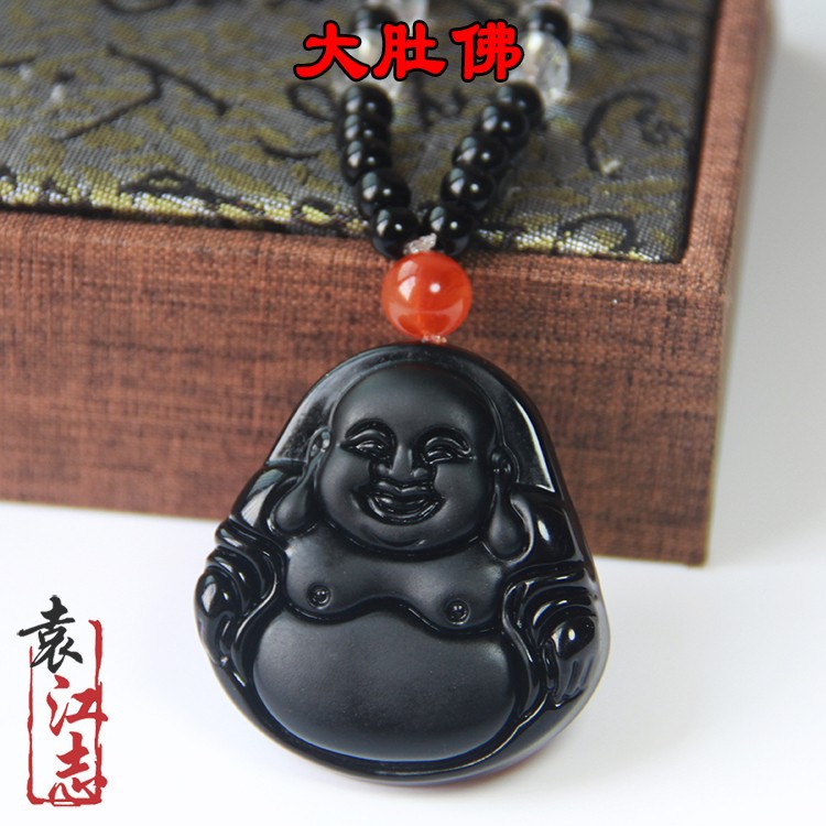 開光天然黑曜石彌勒佛吊墜男女士項鏈大肚佛像水晶飾品招財毛衣鏈工廠,批發,進口,代購