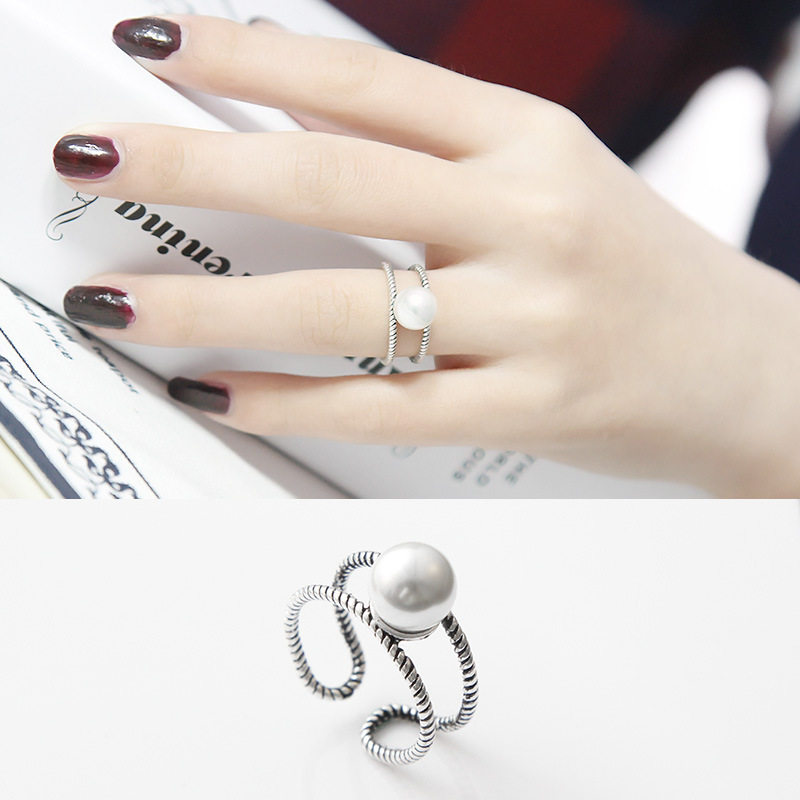S925銀戒指女復古泰銀雙環編織螺紋珍珠開口 戒指防過敏 女禮物批發・進口・工廠・代買・代購