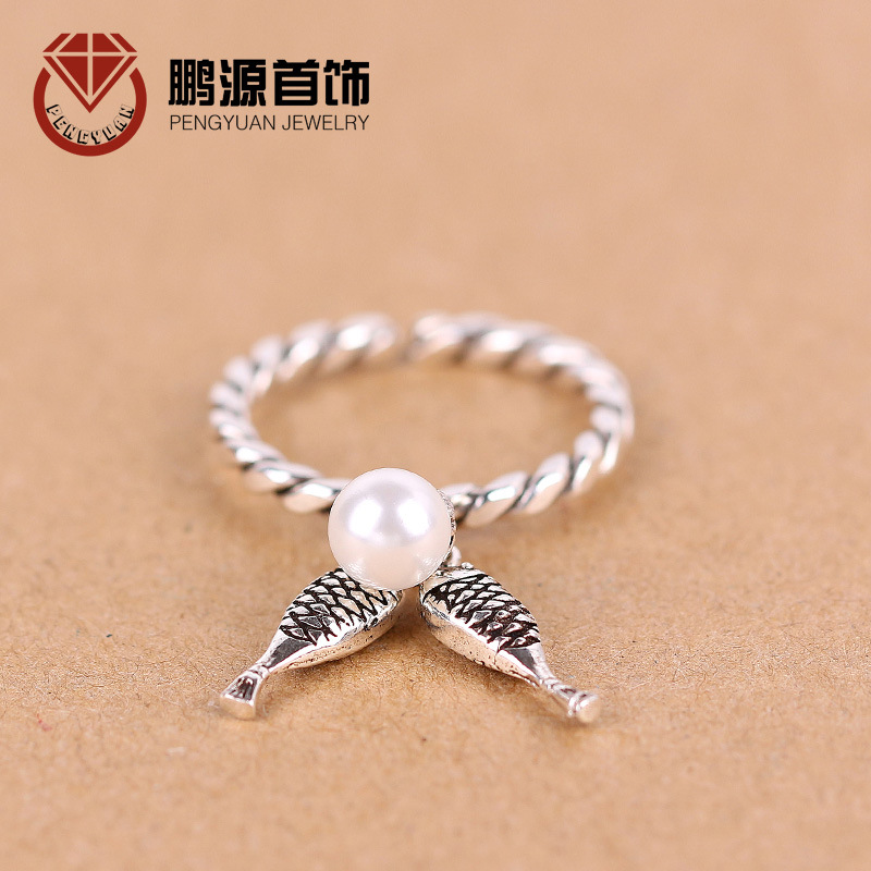 925純銀飾品 韓國雜志款泰銀麻花小魚淡水珍珠開口戒指 一件代發工廠,批發,進口,代購