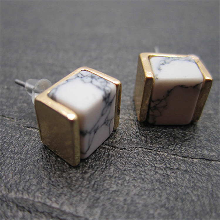 熱賣新款白松石精致耳釘幾何方塊女士耳飾速賣通韓國飾品一件代發批發・進口・工廠・代買・代購