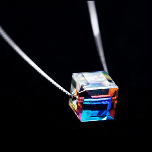 魔方水晶項鏈 炫彩水晶短款項鏈女 韓國s925銀套鏈條鎖骨鏈銀飾品工廠,批發,進口,代購