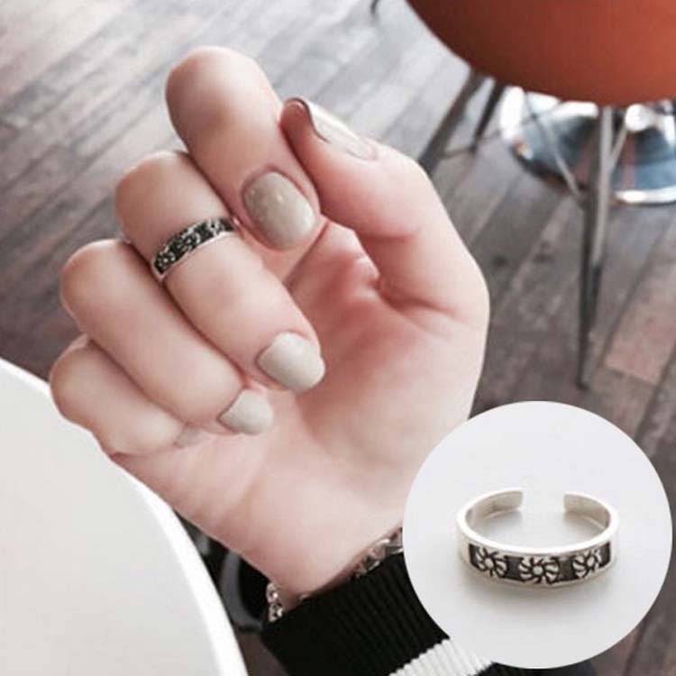 韓國韓版S925純銀飾品復古文藝小菊花花朵素銀開口戒指食指指環女工廠,批發,進口,代購