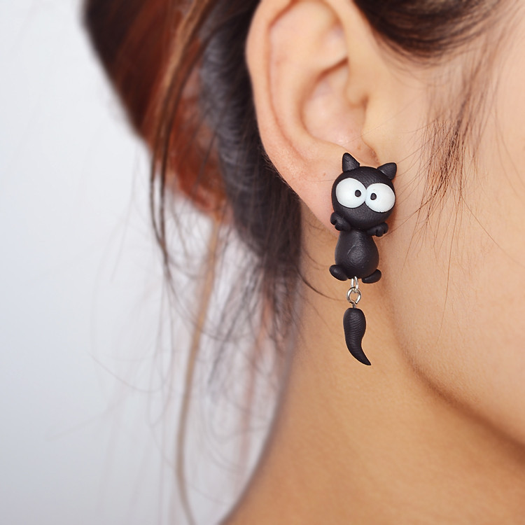新款創意手工軟陶3D立體大眼貓咪耳釘耳飾時尚個性配飾耳環2219工廠,批發,進口,代購