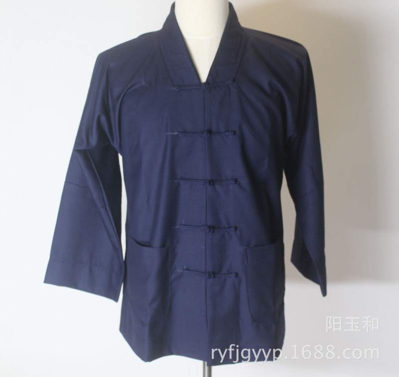 廠傢供應常年批發定做道教服裝深藍色嗶嘰對襟道士服衣褲兩件套批發・進口・工廠・代買・代購