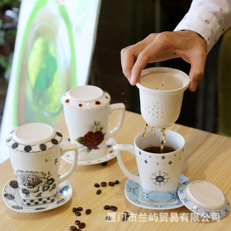 陶瓷水杯 馬克杯 帶茶漏花茶杯 辦公水杯 過濾茶杯 廠傢直銷 特價批發・進口・工廠・代買・代購