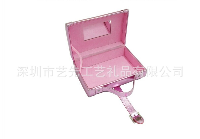 深圳廠傢供應粉紅色手提式化妝品盒，高檔帶鏡片首飾盒，飾品盒。批發・進口・工廠・代買・代購