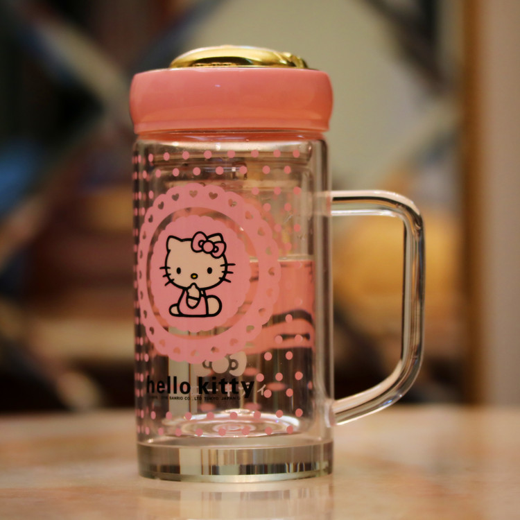 廠傢批發hello kitty雙層玻璃杯機器貓杯子帶茶隔加厚高檔女士bei工廠,批發,進口,代購