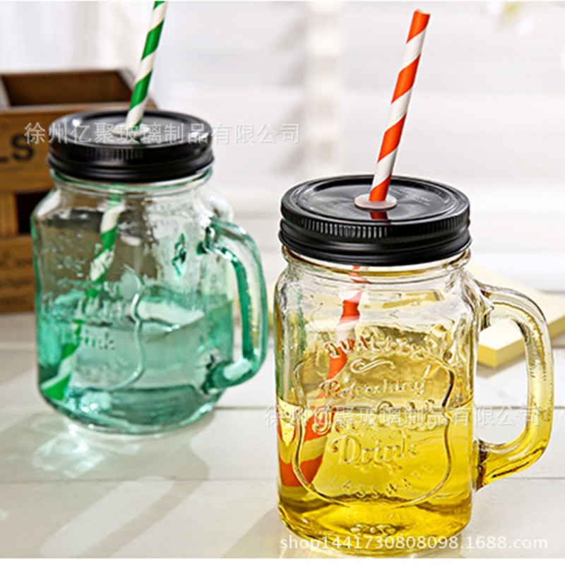 創意韓國糖果色漸變梅森杯玻璃帶蓋檸檬杯果汁飲料吸管把子杯水杯工廠,批發,進口,代購