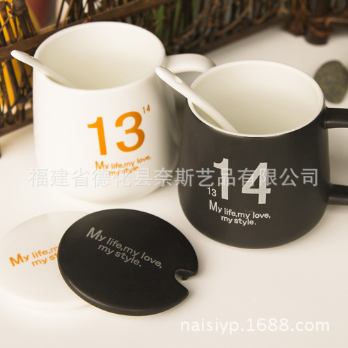 zakka雜貨 創意1314陶瓷杯 帶蓋帶勺愛情水杯 啞光情侶杯子 熱銷工廠,批發,進口,代購