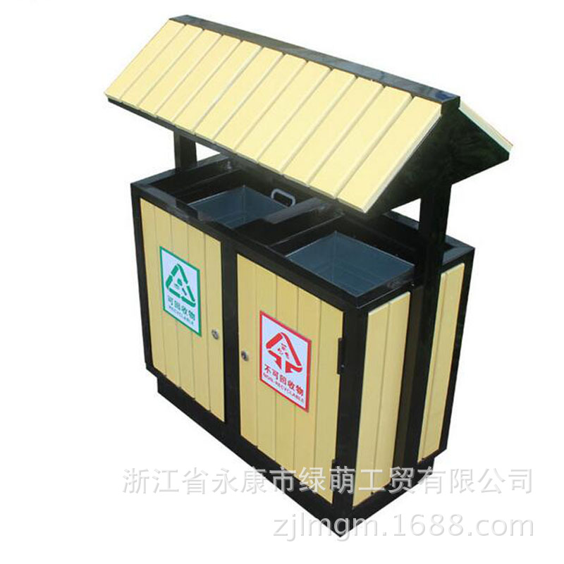 供應綠萌時尚戶外垃圾箱 鵝黃色雙桶垃圾箱 分類鍍鋅板環衛垃圾箱工廠,批發,進口,代購