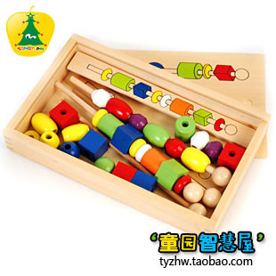批發木製益智玩具 木棍智力串珠盒 顏色排序形狀認知穿編 早教工廠,批發,進口,代購