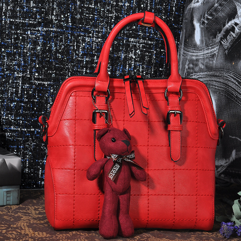 韓版時尚2015新款潮秋冬方格女士包包手提包單肩斜跨小熊掛工廠,批發,進口,代購