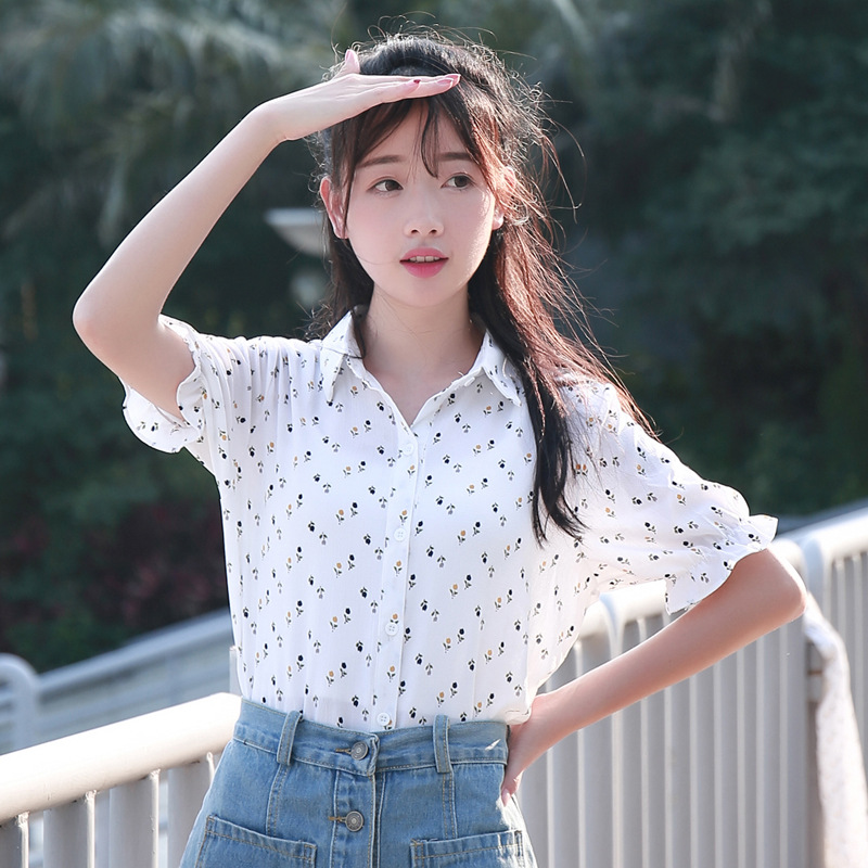 淘寶免費分銷一件代發2016夏裝新款小清新森女碎花短袖襯衫女8024工廠,批發,進口,代購