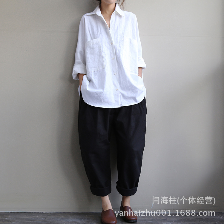 2016春夏新款黑白藝術傢氣質文藝寬松麻棉大口袋長袖女式襯衫批發工廠,批發,進口,代購