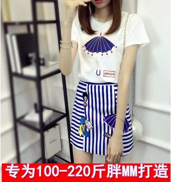 夏季新款韓版圓領短袖印花T恤+休閒印花條紋短裙兩件套 胖mm套裝工廠,批發,進口,代購