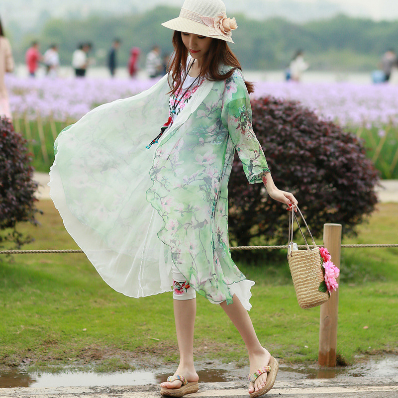 高檔民族風女裝批發薄款雙層漢服式開衫印花披肩七分袖防曬衫9435工廠,批發,進口,代購