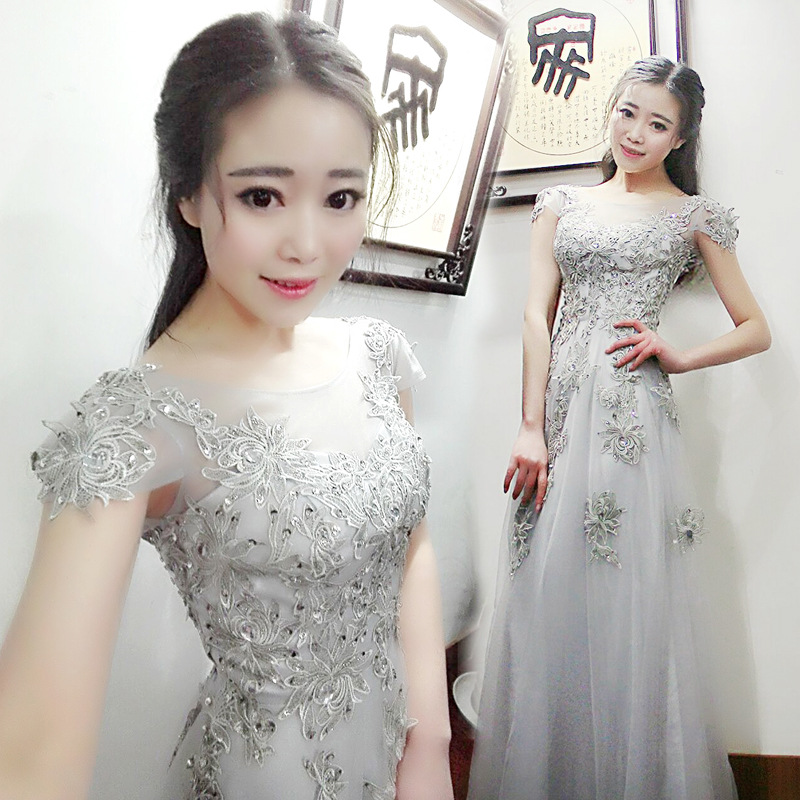 晚禮服2016新款新娘伴娘結婚敬酒服灰色蕾絲長款宴會生日主持禮服工廠,批發,進口,代購