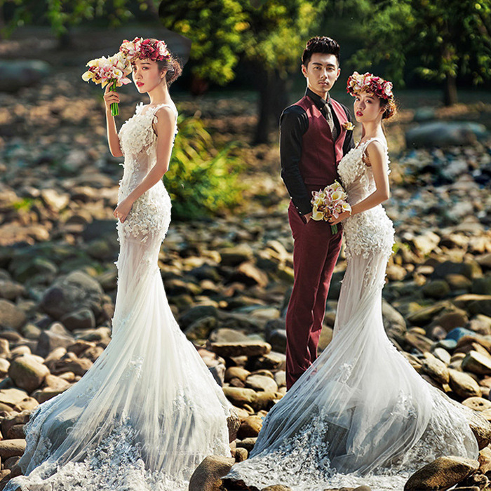 15影樓主題攝影服裝春夏外景拍照婚紗禮服情侶寫真魚尾收身白紗F5工廠,批發,進口,代購