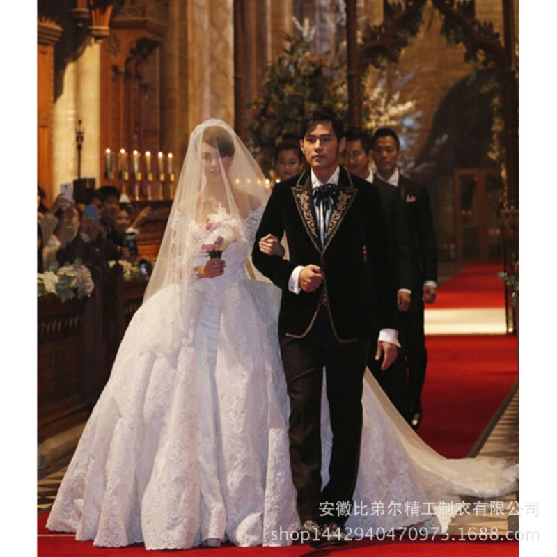 2016新款昆凌同款一字肩漏後背米色雪紡網紗珠鉆長拖尾婚紗禮服工廠,批發,進口,代購