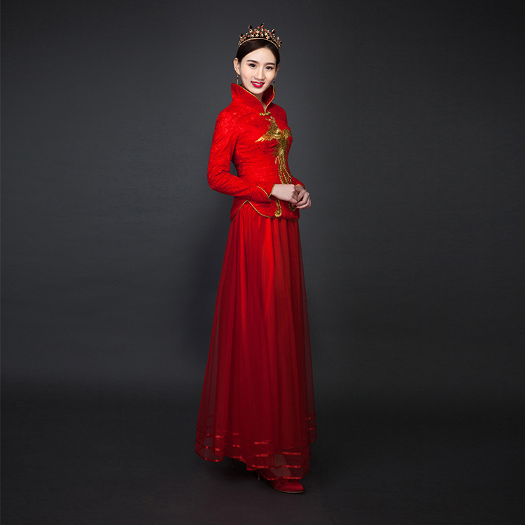 廠傢批發 新娘結婚紅色中式婚紗 長袖斜襟敬酒服工廠,批發,進口,代購