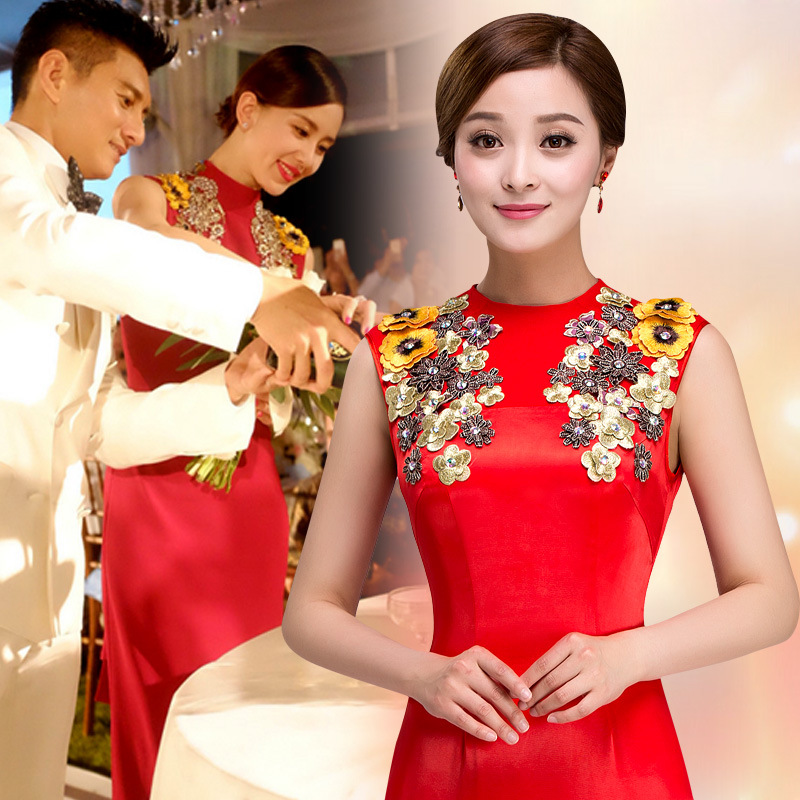 廠傢2016夏季新款大紅色敬酒服 劉詩詩明星同款新娘禮服工廠,批發,進口,代購