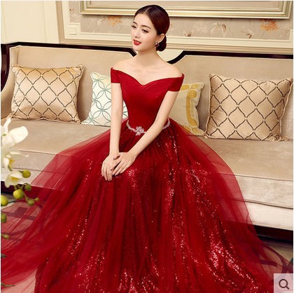 一字肩晚禮服長款紅色敬酒服2016春夏新款晚裝新娘結婚紗禮服宴會工廠,批發,進口,代購