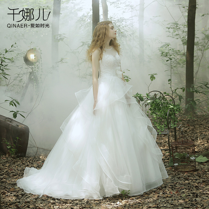 婚紗禮服2015新款韓式新娘一字肩婚紗長拖尾蕾絲花朵齊地大碼冬季工廠,批發,進口,代購