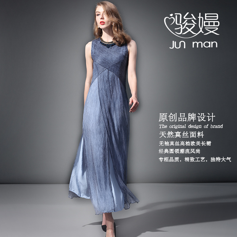 高檔真絲連衣裙品牌夏季2016歐美連衣裙新款大碼桑蠶絲女裝批發工廠,批發,進口,代購