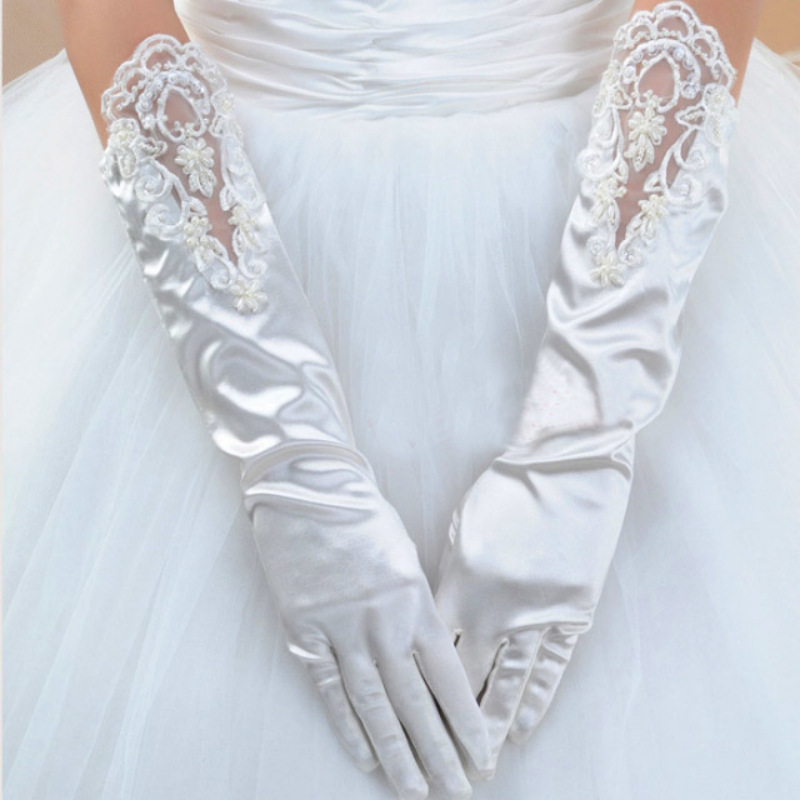 蕾絲釘珍珠鏤空婚紗禮服手套綢緞亮光麵全指新娘結婚中長手套ST08工廠,批發,進口,代購