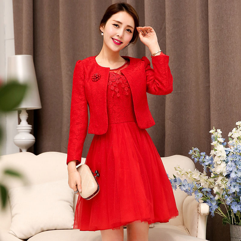 2015回門敬酒服新娘婚禮服長袖大碼紅色蕾絲連衣裙套裝春秋中長款工廠,批發,進口,代購