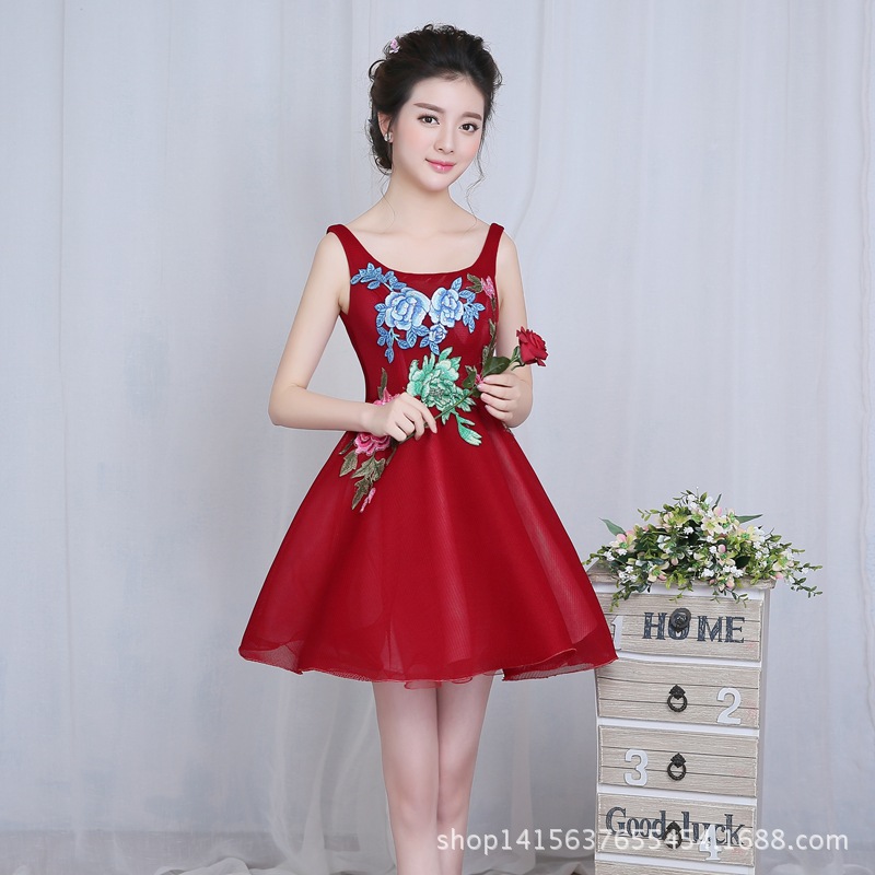 2016新款繡花牡丹雙肩露背短款束腰宴會婚紗晚禮服批發  全網低價批發・進口・工廠・代買・代購